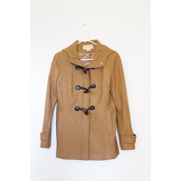Michael Kors Caramel Beige Tan Brown Hooded Wool Coat with Buckles Size XS 2 - Picture 1 of 4